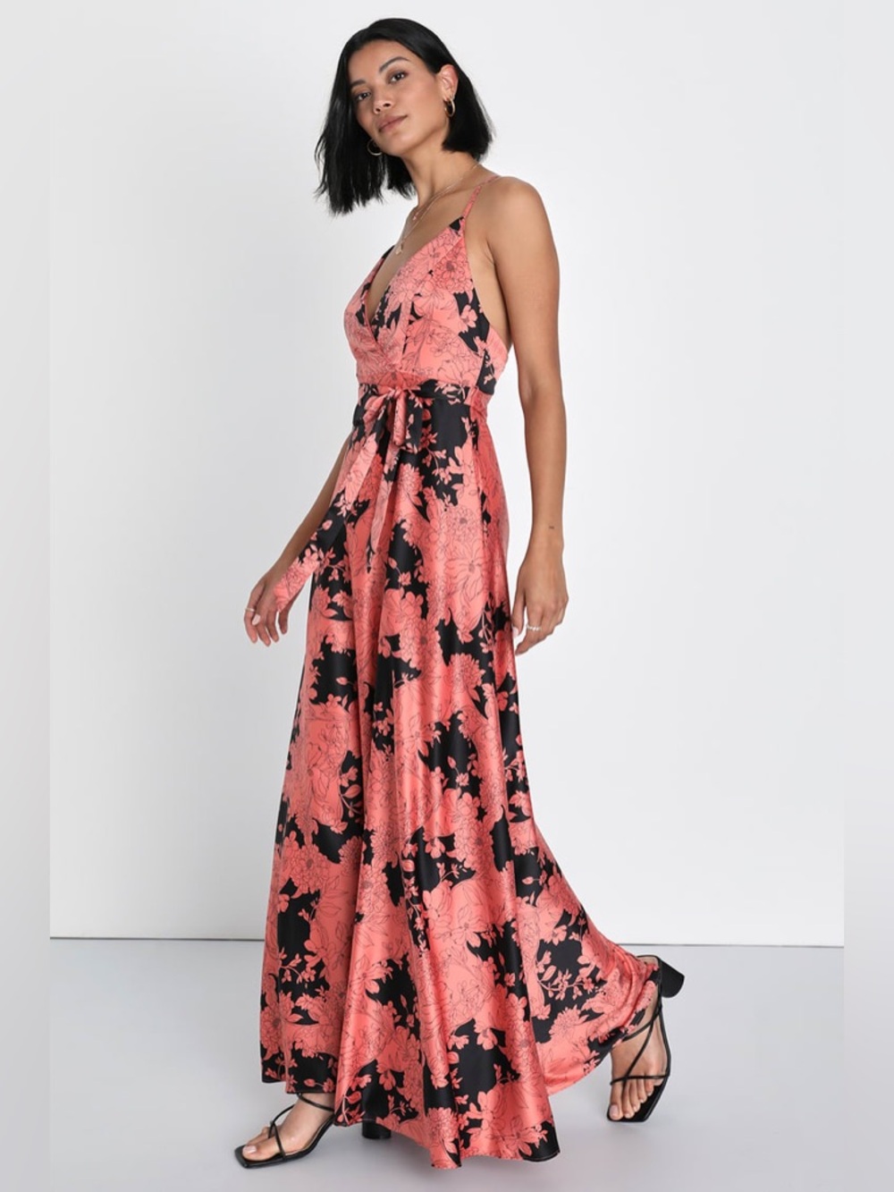 Lulus Tea Gardens Rusty Rose Floral Print Satin Maxi Dress - S